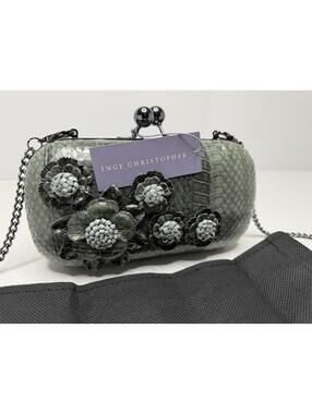 NEW Inge Christopher Silver Watersnake Fleur 3D Flower Box Clutch
